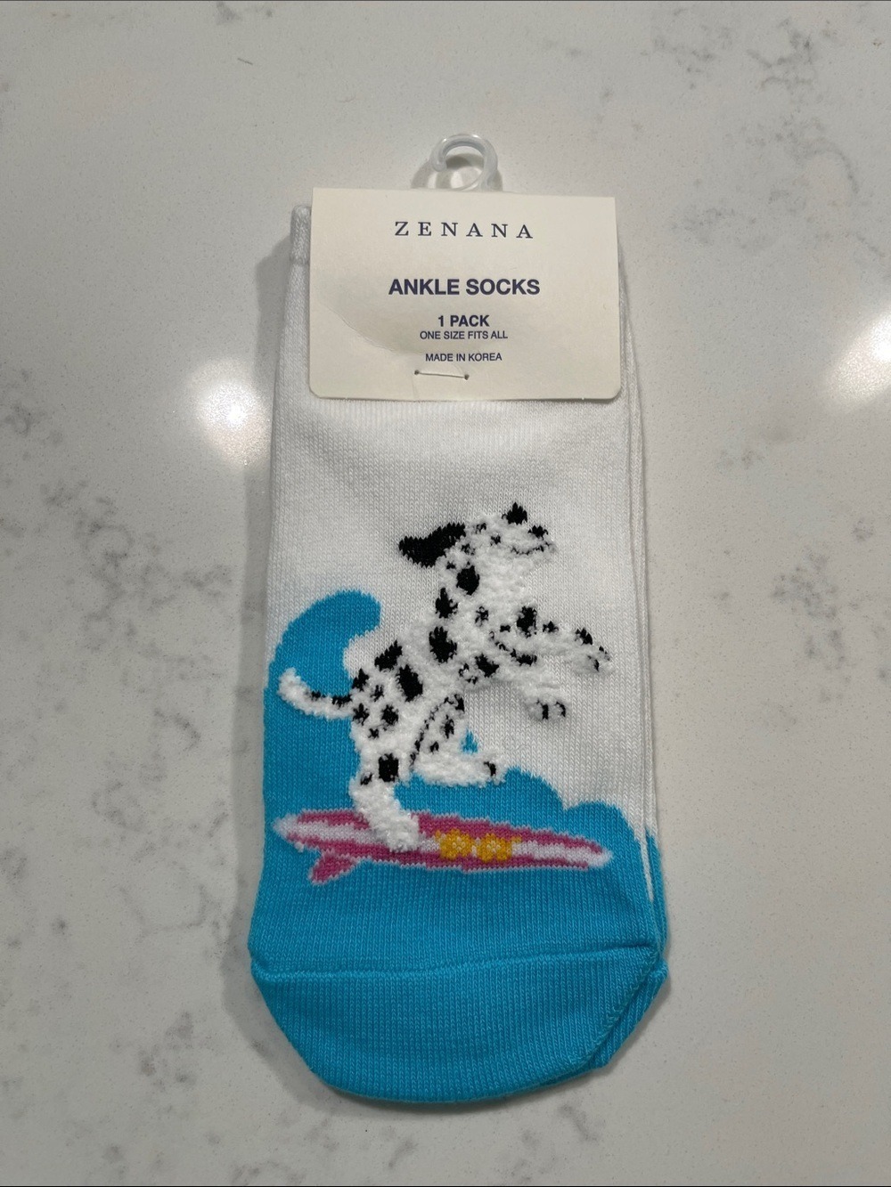 NWT Zenana White Ankle Socks with Surfing Dalmatian OS